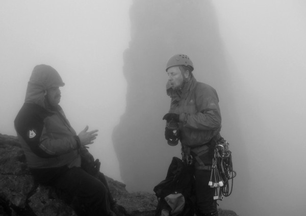 Bob Kerr (right) and Graham McFadyen recover after spending several hours on the In Pinn (photo: Alan Dawson)